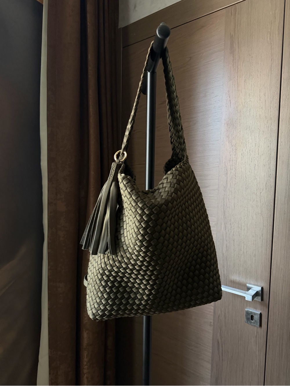 Naghedi Olive Woven Hobo with Tassel